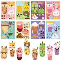 40Pcs Boba Tea Make a Face Stickers Make Your Own Bubble Tea Stickers Games Cartoon Stickers Book Crafts for Kids Boba Milk Tea Party Favors for kids Birthday Gift Class Reward Party Supplies, 8 style