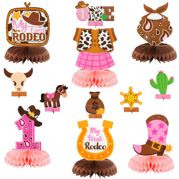 12Pieces Cowgirl Decorations Cowgirl Themed Honeycomb Table Decor Paper My First Rodeo Honeycomb Centerpieces Western Theme Party Decorations Pink Little Cowgirl 1st Birthday Baby Shower Party Table Decoration Supplies