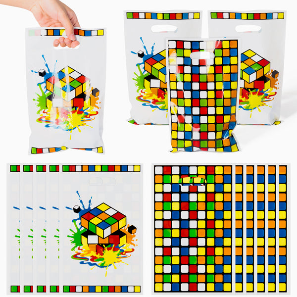 50Pcs Party Favor Bags Cube Party Favor Bags Magic Cube Party Decorations Plastic Party Gift Bags Goody Candy Treat Bags with Handle for Kids Plastic Handle Bag For Boys Girls Birthday Party Supplies