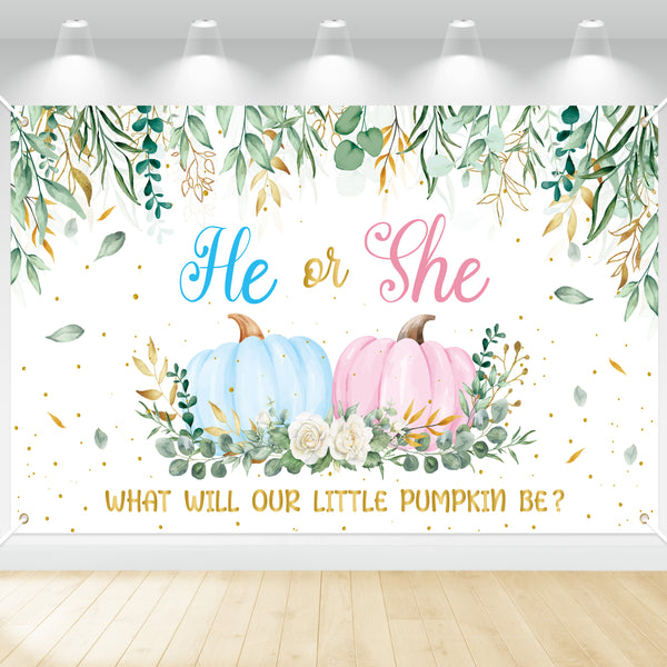 Xtralarge Pumpkin Gender Reveal Backdrop Fall He or She Boy or Girl Pink or Blue Autumn Eucalyptus Leaves Fall Baby Shower Photography Background Decoration