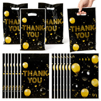 ANGOLIO Birthday Treat Party Bags - 50Pcs Black and Gold Party Favors Bags Print Easter Black Gold Balloon with Handles Plastic Gifts Bags Thank You Birthday Snack Bags Happy Party Favor Supplies