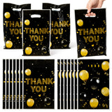 ANGOLIO Birthday Treat Party Bags - 50Pcs Black and Gold Party Favors Bags Print Easter Black Gold Balloon with Handles Plastic Gifts Bags Thank You Birthday Snack Bags Happy Party Favor Supplies