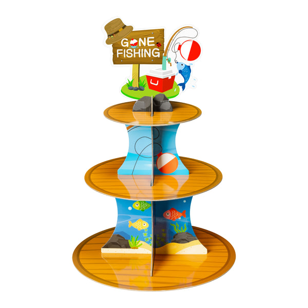 3 Tiers Gone Fishing Cupcake Stand Cardboard Cake Stand Dessert Tower Holder for Ofishally Birthday Decoration Baby Shower Gender Reveal Party Supplies