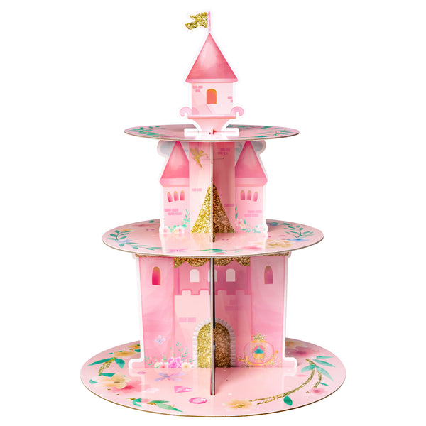 3 Tiers Watercolor Princess Cupcake Stand Princess Birthday Party Cardboard Cupcake Holder Decorations Pink Castle Party Dessert Tower Princess Party Supplies for Kids Pink Themed Baby Shower