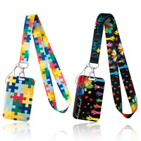 ANGOLIO 2Set Autism Awareness Lanyard with ID Card Badge Holder Autism Puzzle Piece Sunflower Puzzle Lanyards Key Chain with Vertical Id Holder for Doctor Nurse Work Office