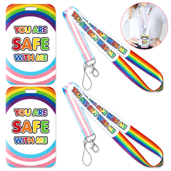 ANGOLIO LGBTQ Pride Rainbow Card Holder - LGBTQ Pride Lanyard with ID Card Badge Holder You Are Safe With Me Lanyards Keychain with Vertical Card Holder for Pride Stuff Teenager Party Supplies Decor