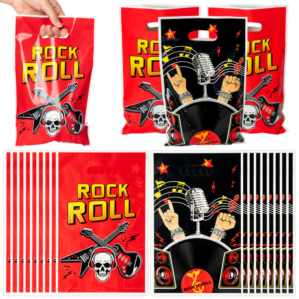 ANGOLIO Rock and Roll Paper Bag - 50Pcs Candy Treat Party Favors Bags Print Rock Patterns double side with Handles Plastic Gifts Bags Birthday Snack Bags Theme Party Favor Supplies