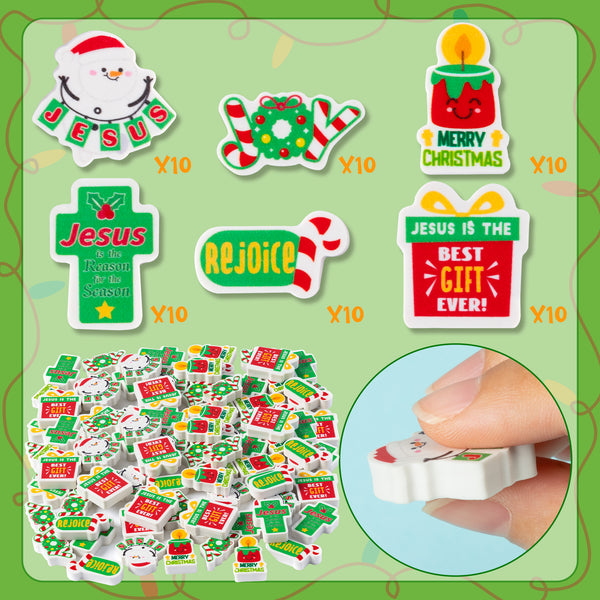 60Pcs Christmas Mini Cartoon Bulk Erasers Religious Party Pencil Top Erasers 6 Style Bible Cartoon Element Pattern Eraser for Classroom Activities Rewards Game Prizes Christian Birthday Party Supplies