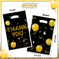 ANGOLIO Birthday Treat Party Bags - 50Pcs Black and Gold Party Favors Bags Print Easter Black Gold Balloon with Handles Plastic Gifts Bags Thank You Birthday Snack Bags Happy Party Favor Supplies