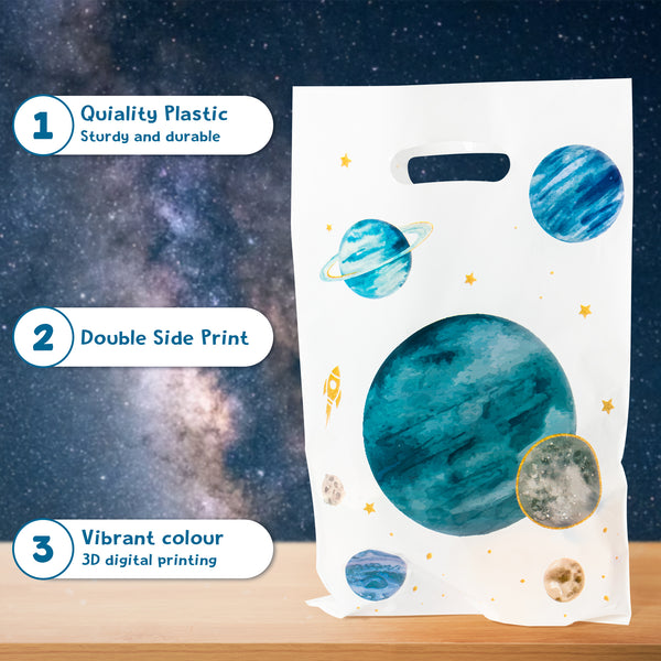 ANGOLIO Outer Space Party Bag - 50Pcs First Trip Around The Sun Outer Space Candy Treat Bags Print Outer Space Patterns with Handles Plastic Gifts Bags Birthday Snack Bags Theme Party Favor Supplies