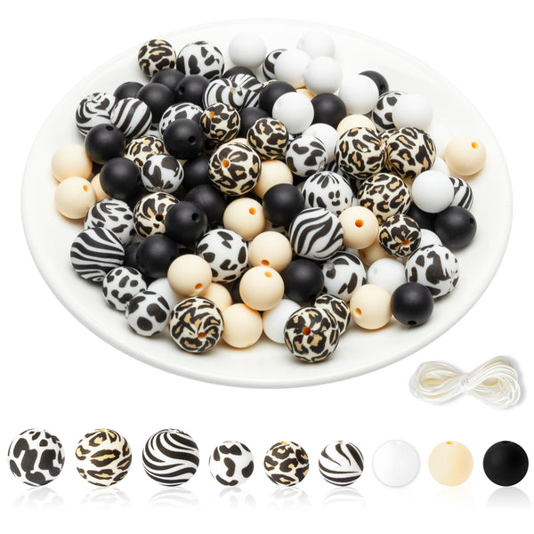 121Pcs DIY Leopard Silicone Beads Cow Zebra Print Beads Set for Making Nursing Necklace Bracelet Jewelry 15mm 12mm DIY Teething Spacer Beads Kit for Baby Shower Gifts Newborn Infant Toddler