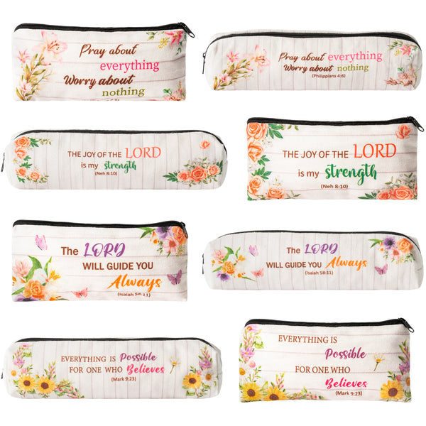 8 Pieces Inspirational Quote Bible Verse Pencil Pouch, Christian Floral Bible Pencil Case Gift Canvas Cosmetic Bags with Zipper, Student Study Journaling Supplies School Office Stationery Bags