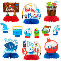 12Pcs Blue Baby Shower Party Centerpieces for Boys, Gone Fishing Fish Gender Reveal Table Topper for Newborn Baby Party Favors , Double Sided It’s a Boy Blue Topper Party Photo Booth Props