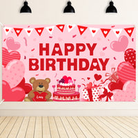 Happy Birthday Valentine's Day Backdrop for Photography Banner Valentine's Party Background Extra Large Backdrops Pink Heart-Shaped Balloons Love Bears Wedding Background Supplies For Indoor Outdoor Photo Booth Props.