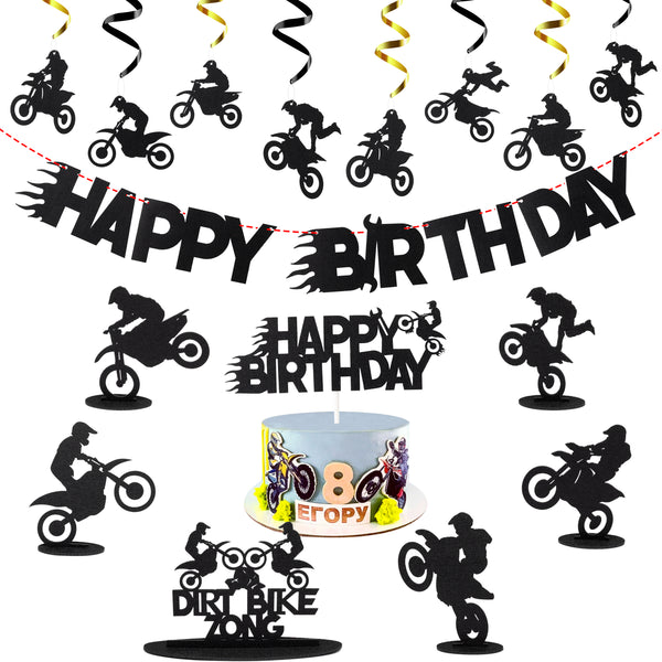 Dirt Bike Birthday Party Decoration Kit, Motocross Banner Hanging Swirls Cake Topper and Table Decoraton, Extreme Sports Motorcycle Racing Party Supplies for Boy Birthday Party Decor