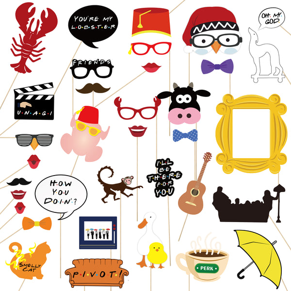 ANGOLIO 35Pack Photo Booth Props Friends Themed Party Props Fully Assembled Party Supplies Funny Favors Mix of Hats Lips Mustaches Glasses and More for Wedding Costumes Role Play Party Kids Adult