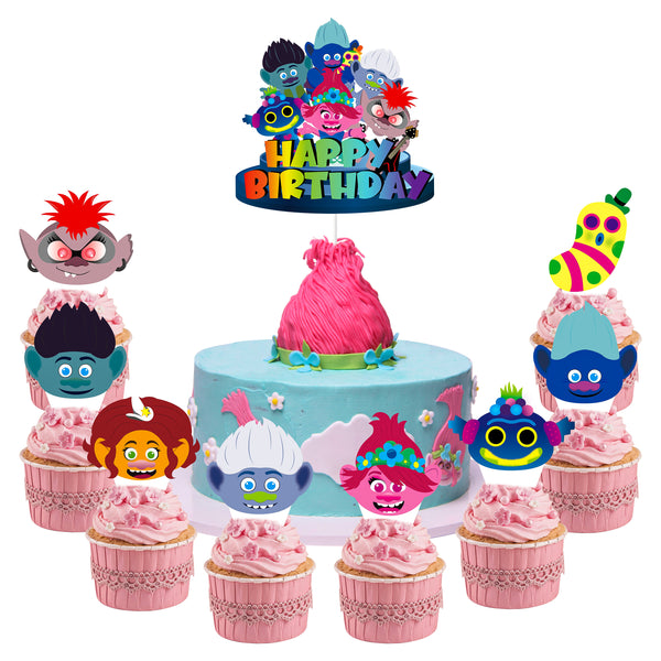 ANGOLIO 49Pcs Trolls Cake Toppers, Trolls Themed Party Cake Decorations, Happy Birthday Cake Topper and Cardstock Trolls Cupcake Toppers, Kids Birthday Cake Decoration Baby Shower Party Supplies