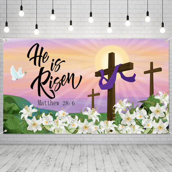 Easter He Is Risen Backdrop Banner, Printed With The Pattern Of The Cross Sun Peace Dove And Lily. The Polyester Material Has Four Threading Holes To Decorate The Christian Party Easter Gift Outdoor indoor Photo Background Cloth