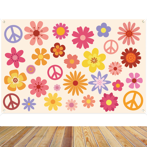 Hippie Groovy Backdrop Banner 60's70's Party Background Extra Large Backdrops Boho Flower Peace Logo Party Sign Scene Setters Wall Decoration Supplies for Indoor Outdoor Photo Booth Props