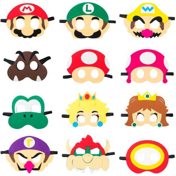 ANGOLIO 12Pcs Mario Felt Masks Themed Party Supplies Birthday Wario Party Favors Dress Up Costumes Mask Photo Booth Prop Cartoon Character Cosplay Pretend Play Accessories Gift for Kids Boys Girls