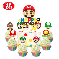 ANGOLIO 49Pcs Mario Brothers Cake Toppers, Wario Themed Party Cake Decorations, Happy Birthday Cake Topper and Cardstock, Luigi Cupcake Toppers, Kids Birthday Decoration Baby Shower Party Supplies