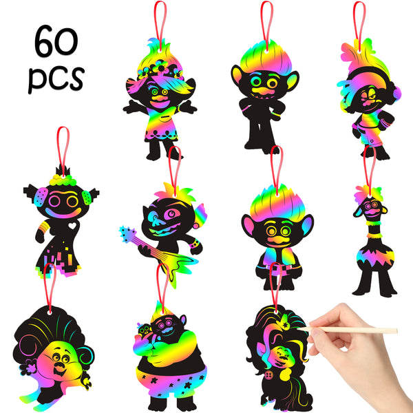 ANGOLIO 60Pack Trolls Scratch Art Set Theme Crafts Kit Rainbow Magic Scratch Paper Art Black Scratch Off Supplies Kits Rainbow Holographic Mini Notes Party Favor Birthday Game for Girls Boys