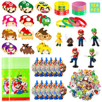 ANGOLIO 124Pcs Mario Brothers Party Supplies Kit, Wario Luigi Party Favors Kinopio All-in-One Pack Party Supplies Include Masks Character Model Decorations Stickers Bracelets Treat Bags Blowouts for Kids