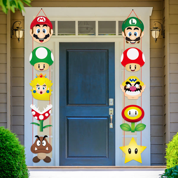 ANGOLIO Mario Party Decoration Mario Porch Sign Theme Decor Favors Hanging Flags Banners Wall Decoration Mario Party Banner for Photo Booth Props Birthday