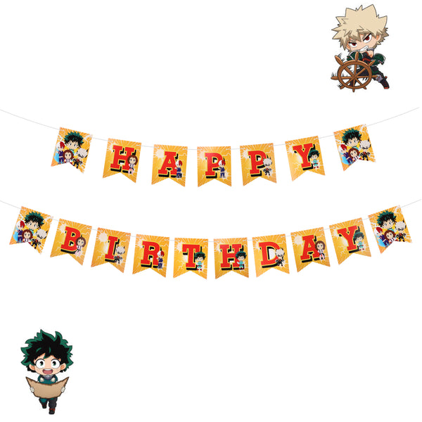 ANGOLIO My Hero Academia Happy Birthday Banner Themed My Hero Academia Pattern Flags Sign Pre-assembled Birthday Hanger Party Favors Photo Prop Backdrop Supplies for Kids Adults Fans