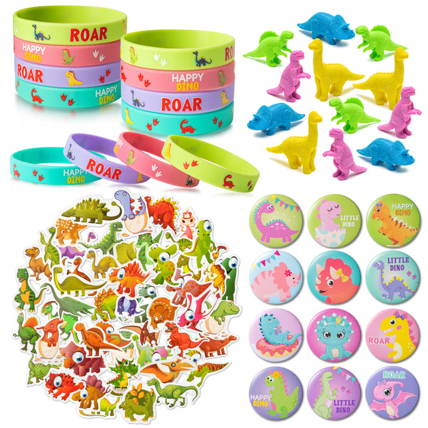 86Pcs Pink Dinosaur Party Favors for Girls,Happy Dino Party Favors All-In-One Pack Party Supplies Include Bracelet, Stickers,Badge, Dinosaur Eraser For Pink Dinosaur Theme Kids Birthday Party