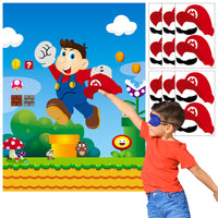 ANGOLIO Mario Pin the Tail Games Mario Brothers Party Supplies Pin Hats & Moustache on the Mario Poster Birthday Collection Outdoor Favor Background Game Accessories for Kids (Includes 2 Blindfolds)