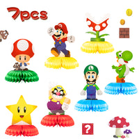 ANGOLIO Mario Brothers Honeycomb Centerpieces, 7 Pcs Luigi Centerpiece Kit Wario Table Topper for Birthday Party Decoration, Kinopio Double Sided Cake Topper Party Supplies for Kids, Photo Booth Props