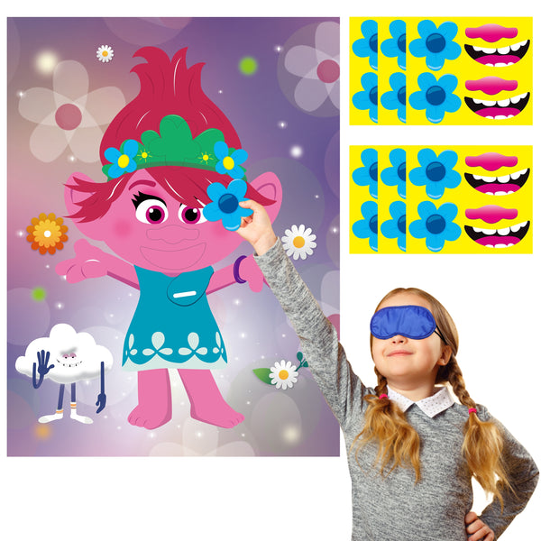 ANGOLIO Troll Stickers Game Themed Pin the Tail Party Supplies Pin the Nose Mouth on the Poster Birthday Collection Favor Baby Shower Game Background Accessories for Kids ( Includes 2 Blindfolds )