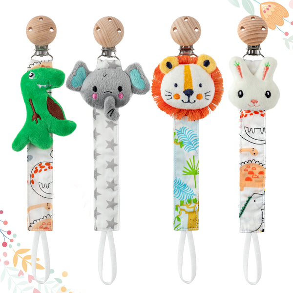 4Pcs Cartoon Animal Pacifier Clip Holder, Baby Boy and Girl Soothie Binky Clips,Dinosaur Elephant Cotton Doll Baby Pacifier Leashes with Clip for Most Pacifiers Infants Teething Toys Baby Gifts