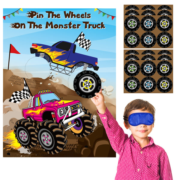 Monster Truck Pin The Tail Games Party Supplies Pin The Wheels on The Monster Truck Poster Birthday Collection Favor Baby Shower Background Game Accessories for Kids ( Includes 2 Blindfolds )