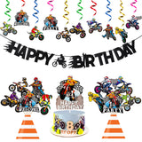 42Pcs Dirt Bike Party Decoration Kit, Motocross Party Hangling Swirls, Dirt Bike Extreme Sports Racing Birthday Party Banner,Cake Topper and Table Centerpieces for Man's or Boys