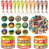 84Pcs Camping Party Favors Kit, Happy Camper Party Gifts Include Silicone Bracelets, Stickers, Keychain, Badge for Kids Camping Adventure Birthday Party