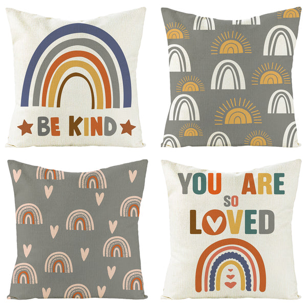 4Pcs Boho Rainbow Pillowcase, Rainbow Posey be Kind Pillowcase Indoor Outdoor Pillowcase Bohemian Style Decorative Furniture Linen Cloth Cushion  Case for Home Decor(18x18inch)