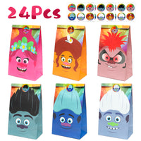 ANGOLIO 24Pack Trolls Goodies Candy Treat Bags Include Trolls Stickers Candy Treat Party Supplies Goodie Bags Trolls World Tour Bags Decorations Party Pack Loot Bag Multi-use Gifts Storage Bags