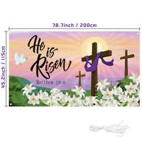 Easter He Is Risen Backdrop Banner, Printed With The Pattern Of The Cross Sun Peace Dove And Lily. The Polyester Material Has Four Threading Holes To Decorate The Christian Party Easter Gift Outdoor indoor Photo Background Cloth