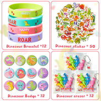 86Pcs Pink Dinosaur Party Favors for Girls,Happy Dino Party Favors All-In-One Pack Party Supplies Include Bracelet, Stickers,Badge, Dinosaur Eraser For Pink Dinosaur Theme Kids Birthday Party