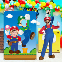 ANGOLIO Mario Brothers Photo Booth Props Photography Backdrops, 39.7 x 59 inch Mario Photo Door Banner, Mario Banner with Rope, Mario Themed Party Decoration Supplies Party Favors