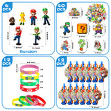 ANGOLIO 124Pcs Mario Brothers Party Supplies Kit, Wario Luigi Party Favors Kinopio All-in-One Pack Party Supplies Include Masks Character Model Decorations Stickers Bracelets Treat Bags Blowouts for Kids