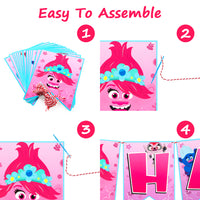 ANGOLIO 32 Pcs Troll Party Supplies Themed Trolls Happy Birthday Decorations Party Supplies Kit Party Favor All-in-One Pack including Party Balloons, Banner Flag, Cake Topper for Boys Girls