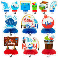 12Pcs Blue Baby Shower Party Centerpieces for Boys, Gone Fishing Fish Gender Reveal Table Topper for Newborn Baby Party Favors , Double Sided It’s a Boy Blue Topper Party Photo Booth Props