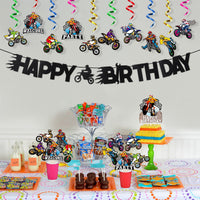 42Pcs Dirt Bike Party Decoration Kit, Motocross Party Hangling Swirls, Dirt Bike Extreme Sports Racing Birthday Party Banner,Cake Topper and Table Centerpieces for Man's or Boys