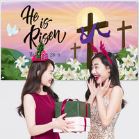 Easter He Is Risen Backdrop Banner, Printed With The Pattern Of The Cross Sun Peace Dove And Lily. The Polyester Material Has Four Threading Holes To Decorate The Christian Party Easter Gift Outdoor indoor Photo Background Cloth