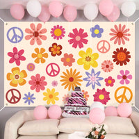 Hippie Groovy Backdrop Banner 60's70's Party Background Extra Large Backdrops Boho Flower Peace Logo Party Sign Scene Setters Wall Decoration Supplies for Indoor Outdoor Photo Booth Props