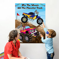 Monster Truck Pin The Tail Games Party Supplies Pin The Wheels on The Monster Truck Poster Birthday Collection Favor Baby Shower Background Game Accessories for Kids ( Includes 2 Blindfolds )