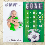 4Pcs Baby Boy Monthly Milestone Blanket Photo Props,Peach Velvet Blanket Printed Numbers And Football Pattern MVP Newborn Growth Photography Sports Month Blanket Suitable For Baby Mother Birthday Gift